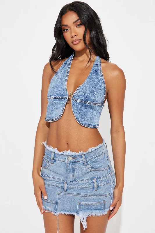 Heating Up Washed Denim Halter Top - Acid Wash Blue