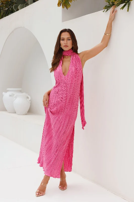 HELLO MOLLY Excitement Plisse Halter Maxi Dress Pink