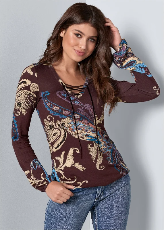 Paisley print top - Brown Multi