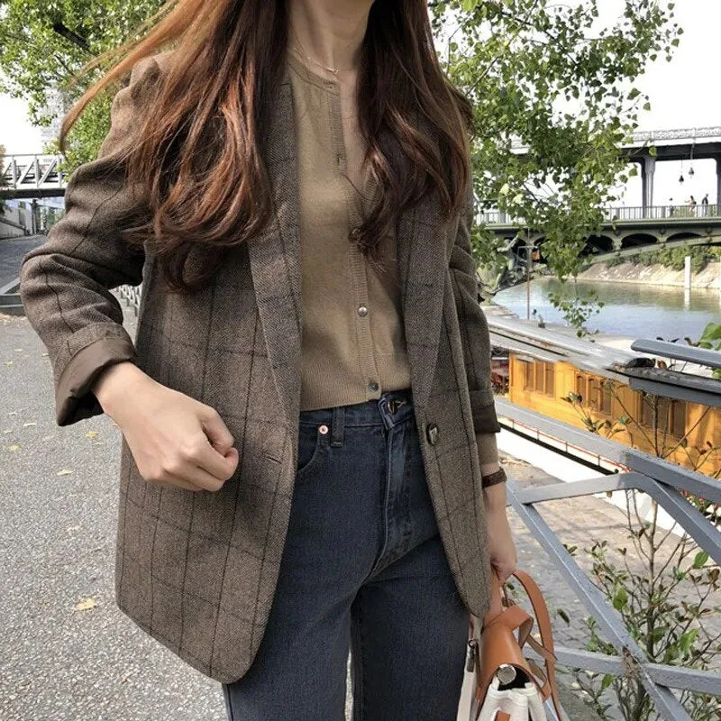 Korean Style Plaid Slim Blazers