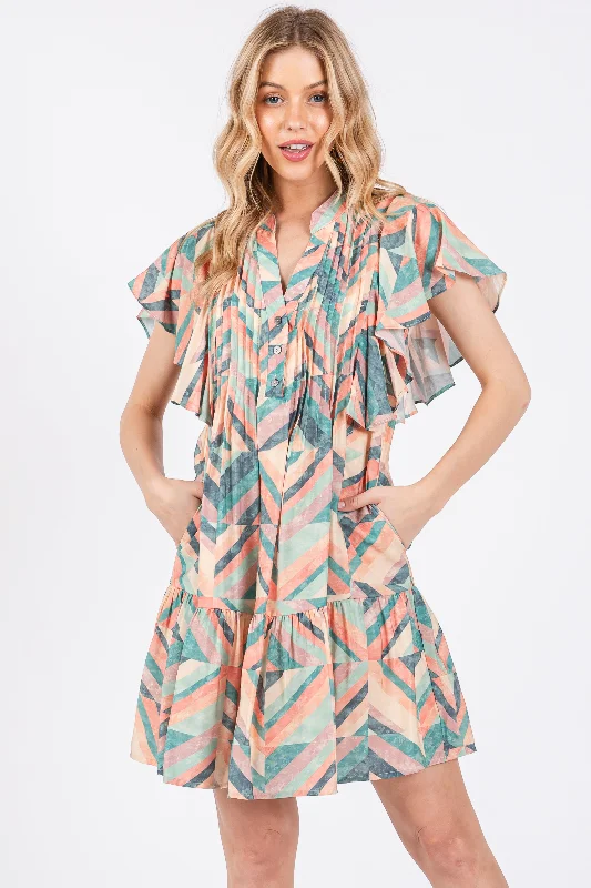 Multicolor Chevron Pleated Tiered Dress