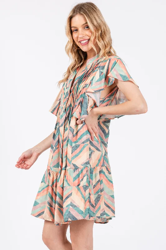 Multicolor Chevron Pleated Tiered Dress