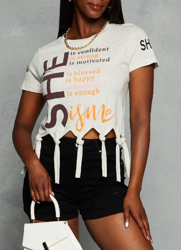 She Is Me Graphic Knot Fringe Tee