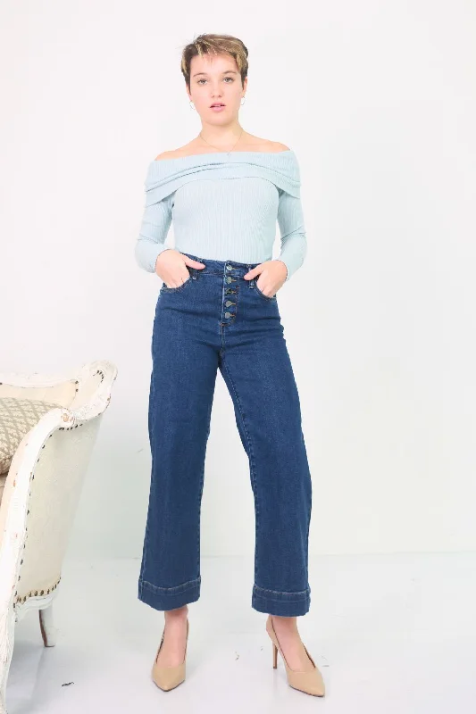 Petite High Rise Button Down Wide Leg Jeans (Dark)