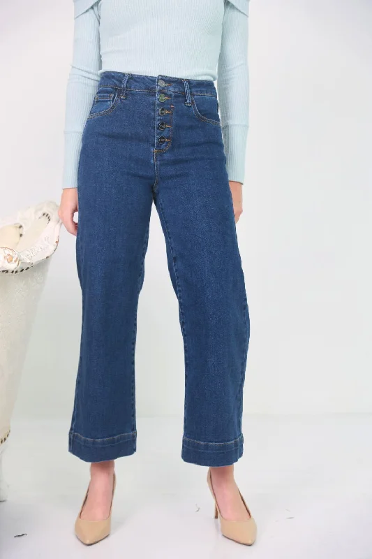 Petite High Rise Button Down Wide Leg Jeans (Dark)