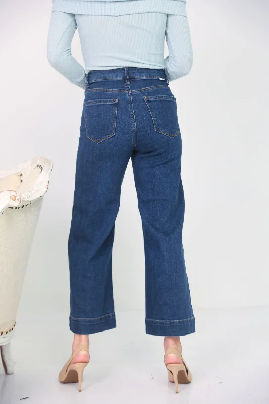 Petite High Rise Button Down Wide Leg Jeans (Dark)