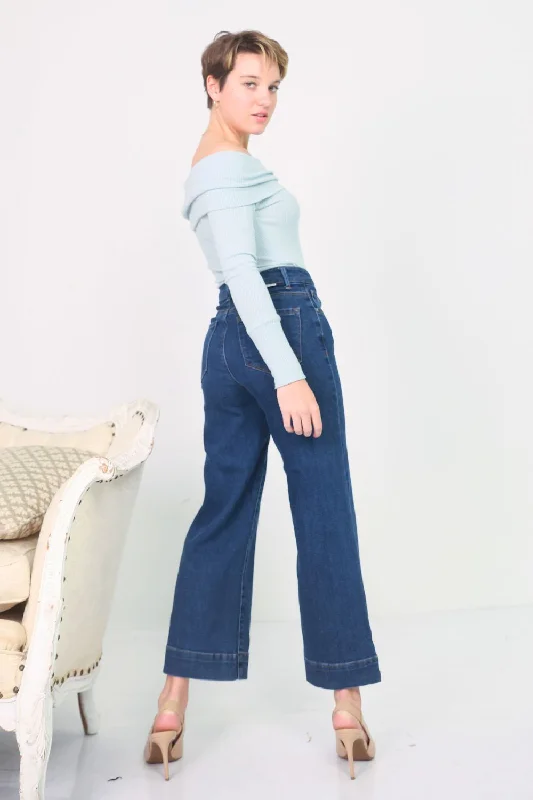 Petite High Rise Button Down Wide Leg Jeans (Dark)