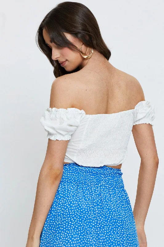 White Crop Top Off Shoulder Short Sleeve