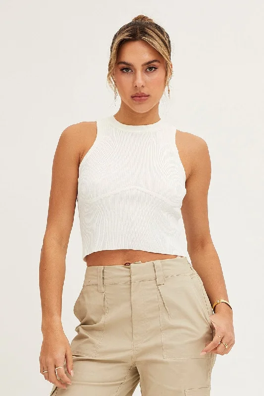 White Knit Top Sleeveless Crop Round Neck