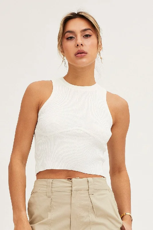 White Knit Top Sleeveless Crop Round Neck