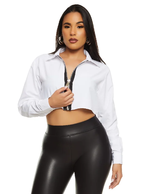 Zip Front Long Sleeve Cropped Shirt