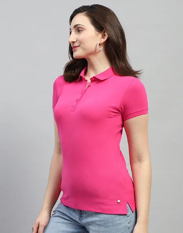 Women Pink Solid Polo Collar Half Sleeve T Shirt