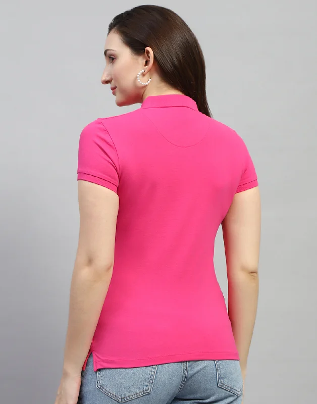 Women Pink Solid Polo Collar Half Sleeve T Shirt