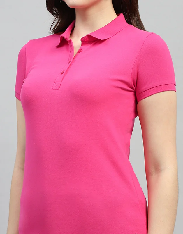 Women Pink Solid Polo Collar Half Sleeve T Shirt