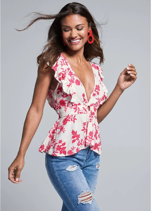 Plunging floral top - White & Red