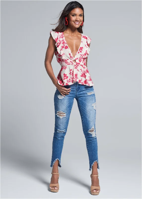 Plunging floral top - White & Red