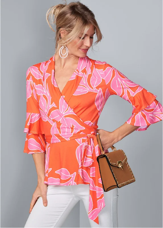 Floral wrap top - Orange Multi