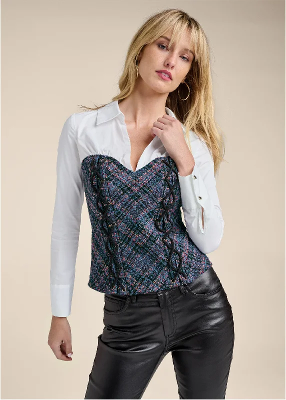 Layered tweed bustier top  - Navy Multi