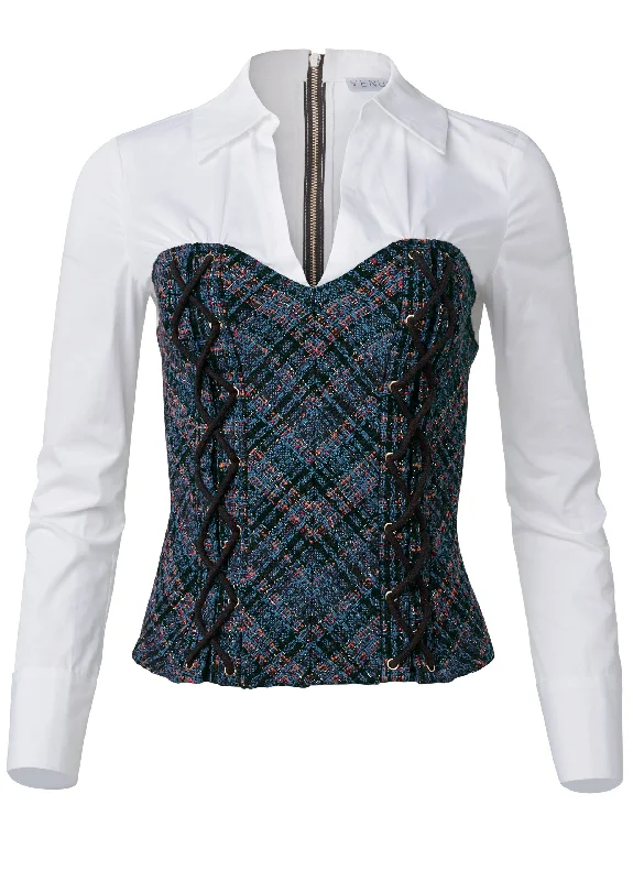 Layered tweed bustier top  - Navy Multi