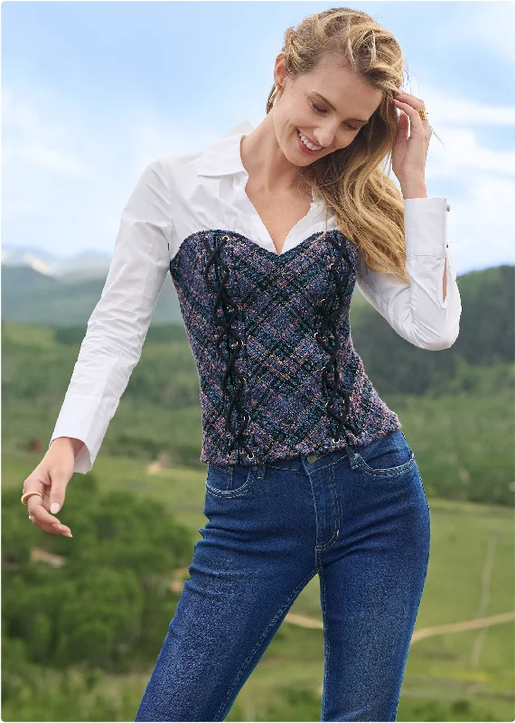 Layered tweed bustier top  - Navy Multi