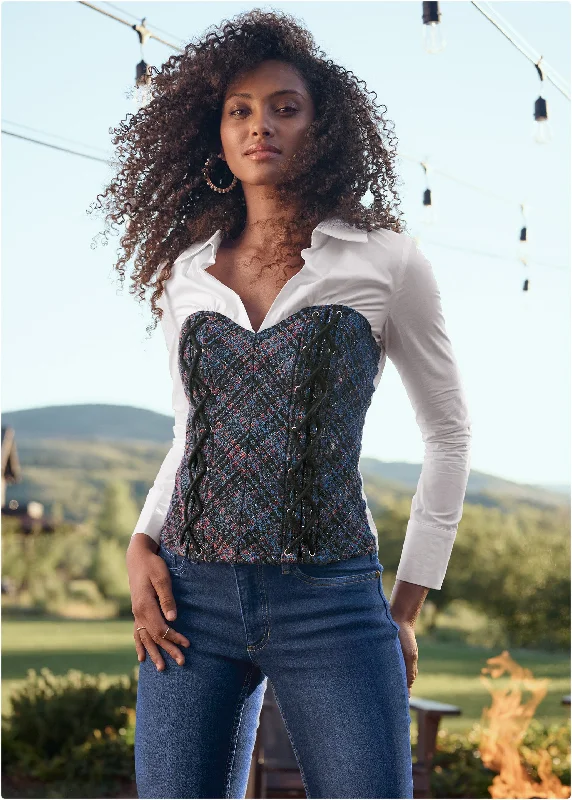 Layered tweed bustier top  - Navy Multi