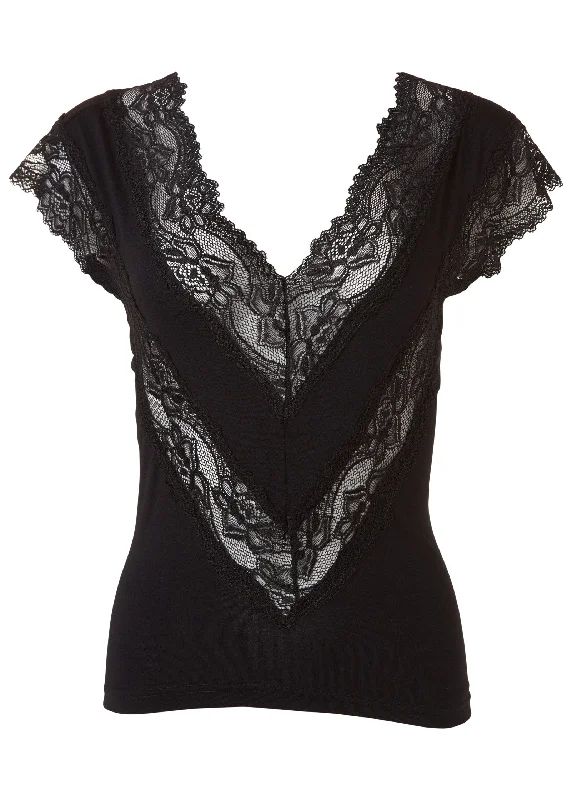 Lace inset V-neck top - Black