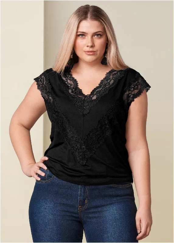 Lace inset V-neck top - Black