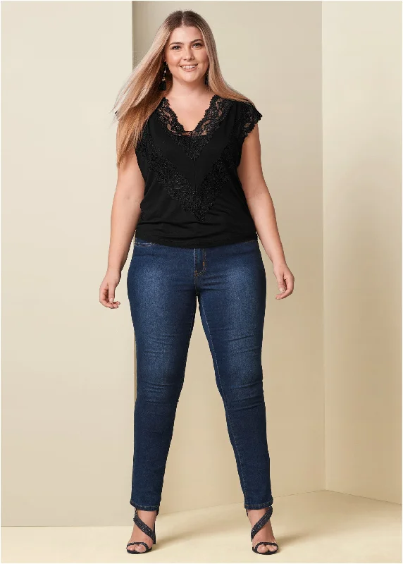 Lace inset V-neck top - Black