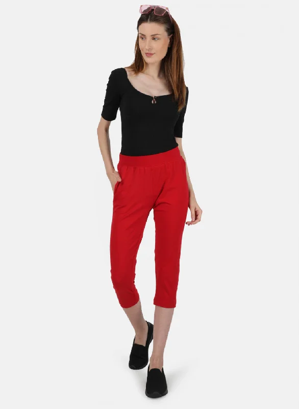 Womens Red Regular Capri