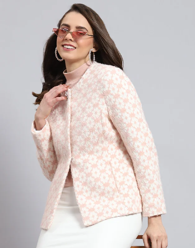 Women Pink Self Design Round Neck Full Sleeve Coat