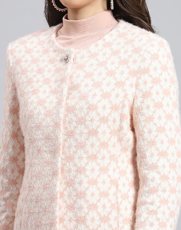 Women Pink Self Design Round Neck Full Sleeve Coat