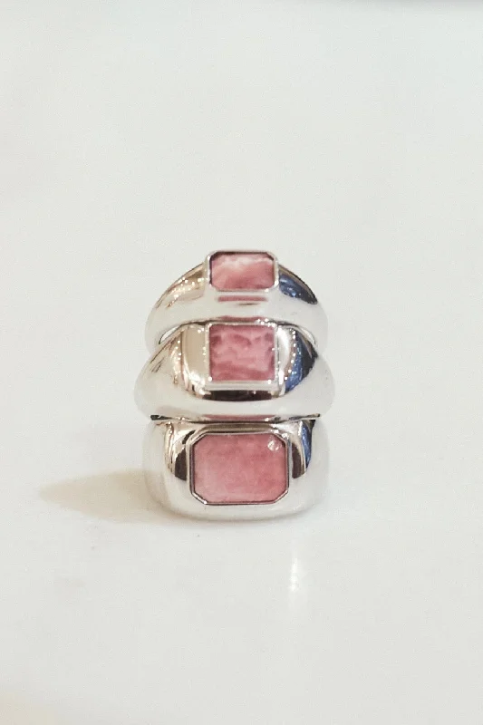 Large Ring in 18k White Gold & Pink Marble Stone